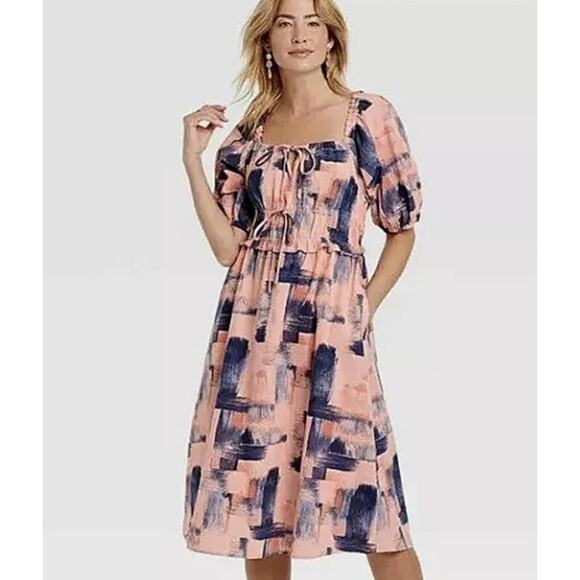 Universal Thread Large Pink & Blue Puff Short Sleeve Elastic Waist Dress - Picture 1 of 10